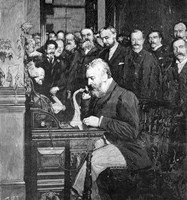 Engraving Of Alexander Graham Bell Making First Long Distance Telephone Call From New York To Chicago In 1892 Fine Art Print