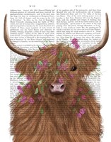 Highland Cow 1, Pink Flowers Book Print Fine Art Print