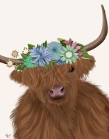 Highland Cow with Flower Crown 2, Portrait Fine Art Print