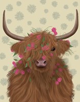 Highland Cow 1, Pink Flowers Fine Art Print