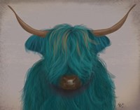 Highland Cow 3, Turquoise, Portrait Fine Art Print