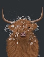 Highland Cow 1, White Flowers Fine Art Print