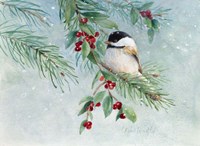Gray-Headed Chickadee On Holly Fine Art Print