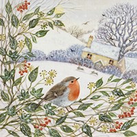 Winter Cottage and Robin Fine Art Print