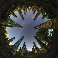 A 360 Degree Panorama View of Wat Mahathat With Milky Way Fine Art Print