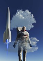 A Human Astronaut in Front of a Rocketship Taking Off Fine Art Print