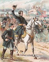 General Joseph Hooker riding on a horse and waving at his troops Fine Art Print