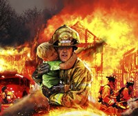 Fireman saving a Boy from a Burning Building Fine Art Print