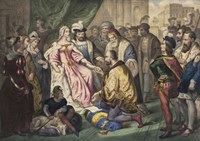 Christopher Columbus kneeling in front of Queen Isabella I Fine Art Print