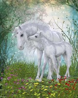 Unicorn Foal with Mother  in a Magical Forest Fine Art Print
