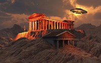 Flying Saucer Flying Above An Ancient Temple Complex Fine Art Print