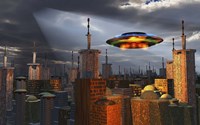 Alien Flying Saucer Flying Over a Futuristic City Fine Art Print