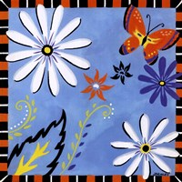 Daisies And Butterflies-Blue Fine Art Print