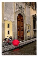 Red Umbrella & Bicycle at the Door Fine Art Print