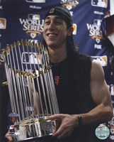 Tim Lincecum With World Series Trophy Game Five of the 2010 World Series Framed Print
