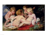 Infant Christ with John the Baptist and two angels Fine Art Print