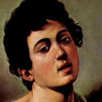 Boy with a Basket of Fruit (detail) by Michelangelo Caravaggio - 12" x 12", FulcrumGallery.com brand