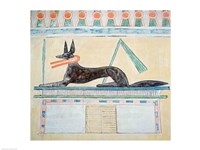 Anubis, Egyptian god of the dead, lying on top of a sarcophagus Fine Art Print