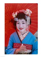 Geisha in Blue with Orange Umbrella Fine Art Print