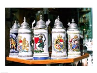 Group of beer steins on a table, Munich, Germany Fine Art Print