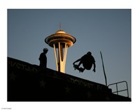 Skateboarder Aloft and Space Needle Fine Art Print