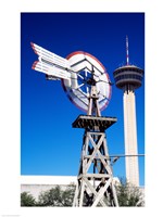 USA, Texas, San Antonio, Tower of the Americas and old windmill Fine Art Print