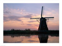 Silhouette, Windmills at Sunset, Kinderdijk, Netherlands Blue Light Fine Art Print