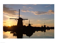 Silhouette, Windmills at Sunset, Kinderdijk, Netherlands Fine Art Print