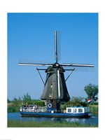 Windmill and Canal Tour Boat, Kinderdijk, Netherlands Fine Art Print
