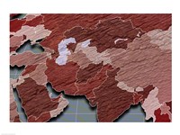 Close-up of a world map - red and blue Fine Art Print