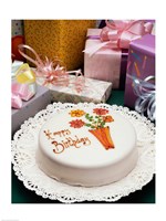 High angle view of a birthday cake with gifts Fine Art Print