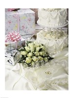 Cake with rings and gifts on a sheet Fine Art Print