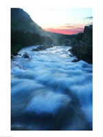 River flowing around rocks at sunrise, Sunrift Gorge, US Glacier National Park, Montana, USA Fine Art Print