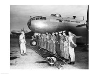 Group of army soldiers standing in a row near a fighter plane, B-29 Superfortress Fine Art Print
