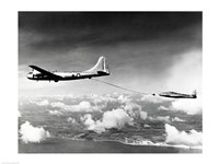 Side profile of a military tanker airplane refueling in flight, B-29 Superfortress, F-84 Thunderjet Fine Art Print