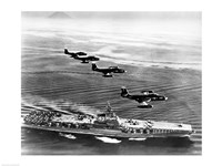 High angle view of four fighter planes flying over an aircraft carrier, US Navy Banshees, USS Coral Sea (CV-43) Fine Art Print