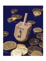 Close-up of a Hanukkah dreidel with Hanukkah gelts Fine Art Print