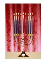 Close-up Of Lit Candles On A Menorah On Red Fine Art Print