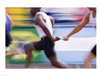 Side profile of three men passing a relay baton Fine Art Print