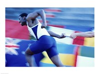 Side profile of runners passing a baton in a relay race Fine Art Print