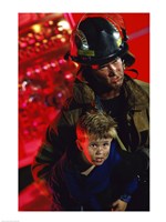Close-up of a firefighter carrying a boy Fine Art Print