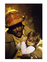 Firefighter carrying a boy Fine Art Print
