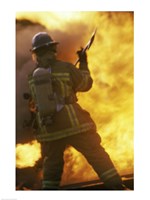 Rear view of a firefighter holding an axe Fine Art Print