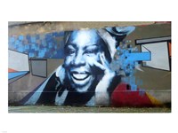 Graffiti of blue smiling women with abstract background somewhere in Gdynia Fine Art Print