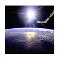 Robot Arm Over Earth with Sunburst Fine Art Print