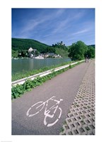 Cycle, Bicycle Path and Two Cyclists, Town View, Beilstein, Mosel Valley, Rhineland, Germany Fine Art Print