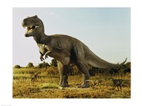 Tyrannosaur Stealing The Kill Thescelosaur From Dromeosaurs Fine Art Print