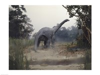 Rear view of an alamosaurus walking in a forest Fine Art Print