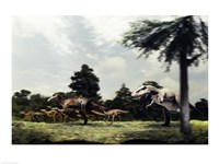 Side profile of a tyrannosaur attacking a group of anatosaurus Fine Art Print