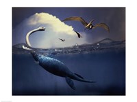 Plesiosaurus and Flying Pteranodons Fine Art Print